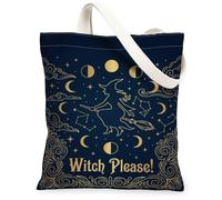 Witch Canvas Tote Bag, Fanciful Magical Moon Cloud Halloween Navy Aesthetic Tote Bags 13x15 Inch, Navy, 13x15 Inch