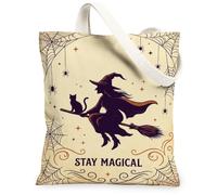 Witch Canvas Tote Bag for Women, Fanciful Vintage Cat Broom Halloween Black Market Tote Bag Ideas for Outdoor Travel Workday Reading 13x15 Inch