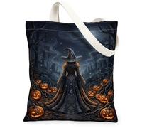 Witch Canvas Tote Bag, Gothic Dark Pumpkins Forest Halloween Black Everyday Tote Bags 13x15 Inch, Black, 13x15 Inch