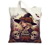Witch Canvas Tote Bag, Gothic Mystical Skull Rose Halloween Violet Everyday Tote Bags 13x15 Inch, Purple, 13x15 Inch