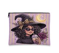 Witch Canvas with Zipper, Fanciful Chic Crescent Moon Rose Halloween Violet Canvas with Zipper Mini Makeup Bag for Travel, Vanity, Bathroom, Purse Storage and Daily Use, Purple, 7x9 Inch, Whimsical