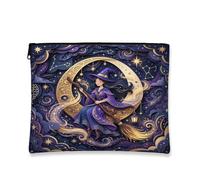 Witch Canvas with Zipper, Fanciful Cosmic Crescent Moon Stars Halloween Violet Canvas with Zipper Makeup Bags for Women for Travel, Bathroom, Vanity, Purse Storage and Gifts, Purple, 7x9 Inch