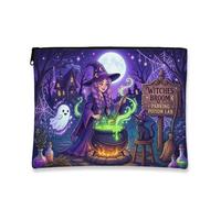 Witch Canvas with Zipper, Fanciful Fantasy Cauldron Ghost Halloween Violet Portable with Zipper Makeup Bags for Women for Travel, Purse, Bathroom, Vanity and Daily Storage, Purple, 7x9 Inch, Whimsical