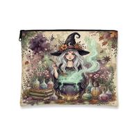Witch Canvas with Zipper, Fanciful Fantasy Cauldron Potion Halloween Green Canvas with Zipper Makeup Bag for Purse for Travel, Bathroom, Vanity Organizer and Purse Storage, Green, 7x9 Inch, Whimsical