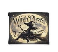 Witch Canvas with Zipper, Fanciful Festive Broomstick Moon Halloween Black Canvas with Zipper Small Makeup Pouch for Travel, Bathroom, Vanity Organizer and Purse Storage, Black, 7x9 Inch, Whimsical
