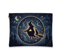 Witch Canvas with Zipper, Fanciful Magical Cat Broomstick Halloween Black Portable with Zipper Makeup Bag for Purse for Travel, Vanity, Bathroom Storage and Purse Organizer, Black, 7x9 Inch, Whimsical