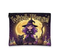 Witch Canvas with Zipper, Fanciful Playful Cat Broom Halloween Violet Portable with Zipper Cosmetic Bag for Purse for Travel, Vanity, Bathroom Storage and Purse Organizer, Purple, 7x9 Inch, Whimsical