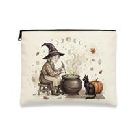 Witch Canvas with Zipper, Fanciful Seasonal Cauldron Cat Halloween Black Portable with Zipper Makeup Bags for Women for Travel, Vanity, Bathroom, Purse Storage and Daily Use, Black, 7x9 Inch