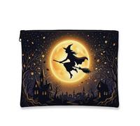 Witch Canvas with Zipper, Fanciful Spooky Moon Broomstick Halloween Black Canvas with Zipper Small Skincare Bag for Travel, Purse, Bathroom, Vanity and Daily Storage, Black, 7x9 Inch, Whimsical