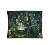 Witch Canvas with Zipper, Fantasy Fanciful Cauldron Butterflies Halloween Green Canvas with Zipper Cosmetic Travel Bag for Travel, Bathroom, Vanity Organizer and Purse Storage, Green, 7x9 Inch