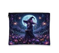 Witch Canvas with Zipper, Fantasy Fanciful Moon Lanterns Halloween Black Canvas with Zipper Mini Makeup Bag for Travel, Bathroom, Vanity, Purse Storage and Gifts, Black, 7x9 Inch, Fantasy