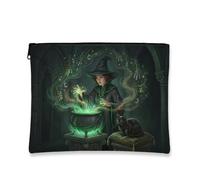Witch Canvas with Zipper, Fantasy Gothic Cauldron Cat Halloween Green Canvas with Zipper Makeup Bags for Women for Travel, Purse, Bathroom, Vanity and Daily Storage, Green, 7x9 Inch, Fantasy