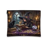 Witch Canvas with Zipper, Gothic Mystical Cat Tarot Cards Halloween Violet Canvas with Zipper Cosmetic Bag for Purse for Travel, Vanity, Bathroom, Purse Storage and Daily Use, Purple, 7x9 Inch, Gothic
