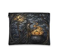 Witch Canvas with Zipper, Gothic Mystical Cauldron Pumpkins Halloween Black Portable with Zipper Small Skincare Bag for Travel, Purse, Bathroom, Vanity and Daily Storage, Black, 7x9 Inch, Gothic