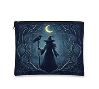 Witch Canvas with Zipper, Gothic Mystical Crow Moon Halloween Black Canvas with Zipper Makeup Bags for Women for Travel, Vanity, Bathroom, Purse Storage and Daily Use, Black, 7x9 Inch, Gothic