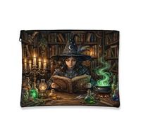 Witch Canvas with Zipper, Mystical Fantasy Potion Candle Halloween Green Portable with Zipper Toiletry Travel Bag for Travel, Vanity, Bathroom Storage and Purse Organizer, Green, 7x9 Inch, Mystical