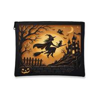 Witch Canvas with Zipper, Spooky Fanciful Cat Castle Halloween Orange Canvas with Zipper Toiletry Travel Bag for Travel, Purse, Bathroom, Vanity and Daily Storage, Orange, 7x9 Inch, Spooky