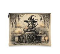 Witch Canvas with Zipper, Vintage Gothic Cauldron Pumpkins Halloween Black Canvas with Zipper Small Toiletry Bag for Travel, Bathroom, Vanity, Purse Storage and Gifts, Black, 7x9 Inch, Vintage