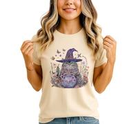 Witch Cat Fantasy Animals Womens Graphic T-Shirt Cauldron Floral Watercolor Tee S (8-10)
