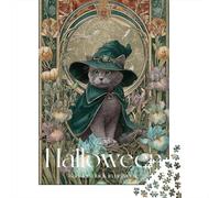 Witch Cat Halloween Poster Jigsaw Puzzles Puzzles for Adults Kids. 1000 Pieces Great Gifts Challenge Toy Educational Games Home Decoration for Adults& Kids Age 14 Years Up 52x38cm/1000pcs