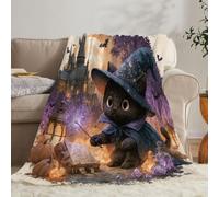 Witch Cat Throw Blanket Single Size | Halloween Cute Fleece Blanket for Bed Sofa Couch, Soft Cozy Flannel, 130x150 cm, Decor & Gifts TH12