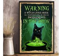 Witch Cat Warning A Witch Lives Here All Trespasser Metal Tin Valentine's Day Decorations Outdoor Garden Lawn Yard Sign Home Wall Decor Art Tin Sign Vintage 8x12 Inch