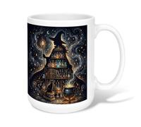 Witch Ceramic Coffee Mug, Mystical Fantasy Bookshelf Cat Halloween Black Novelty Hot Chocolate Mug with Handle Ideal for Friends Family Co-worker Lovers Eldership Senior 15 Oz