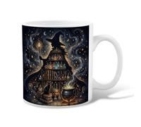 Witch Ceramic Coffee Mug, Mystical Fantasy Bookshelf Cat Halloween Black Novelty Tea Mug with Handle Ideal for Friends Family Lovers Eldership Senior Co-worker 11 Oz