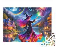 Witch Challenging 1000 Piece Jigsaw Puzzle for Adults Witch Casting Magic over Village at Night Premium Thick Sturdy Vibrant Stress Relief 38x26cm/1000pcs