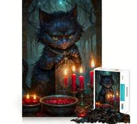 Witch Cheshire Cat with Red Candles 1000 Piece Jigsaws for Adults Brain Sharp Game Smooth Burr Free Surface Fascinating Hobby for Idle Moments (38x26cm)