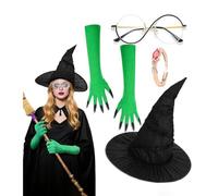 Witch Collection Women - Gothic Robe Layered Silhouette Fabric, Spiked Hat Feature, Emerald Finger Mitts, Fantasy Dress Kit, Role-Playing Outfit | Halloween Event for Movie Costume Celebration