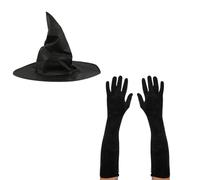 Witch Costume Accessories Set - Classic Black Pointed Hat & Long Opera Gloves - Halloween Fancy Dress for Adults & Teens