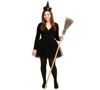 Witch Costume Accessories Set for Women & Girls - Includes Witch Hat Headband with Diamante Spider, Wooden-Style Broomstick, Black OTK Socks and 3-Layer Black Tutu Skirt for Halloween Fancy Dress