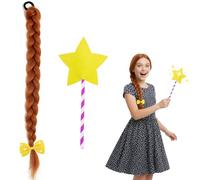 Witch Costume Accessories Set - Light Brown Braided Wig Band, Yellow Bow & Big Star Wand - Women's Storybook Fancy Dress Kit for World Book Day & Halloween Party