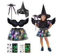 Witch Costume Children Girls Halloween Costume Children Witch Costume Girls with Lights Girls Bat Costume with Witch Hat, Black Angel Wings for Halloween Carnival Cosplay Party Costumes