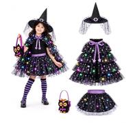 Witch Costume Children, Luminous Children's Witch Costume, LED Cape Tulle | Witch costume girls with witch hat, candy bag and socks, witch costume set for Halloween, fancy dress, cosplay, carnival
