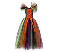 Witch Costume Dress for Girls Color Block Tulle Flutter Sleeves Party Dresses Lace Up Back Layered Long Tutu Gown Fancy Dresses Carnival Celebrations Multicolor 8 Years