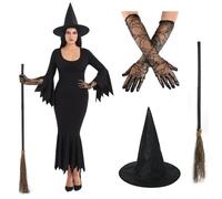Witch Costume - Dress, Gloves, Hat & Broom I Love Fancy Dress Black Large