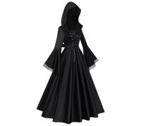 Witch Costume Dress - Hooded Gothic Long Skirt Outfit, Front Lace Horror Gown, Stretch Spandex Halloween Costume | Cosplay Haunted House Escape Room Theater Party Dress Up Outfit Women