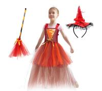 Witch Costume for Girls Halloween Masquerade Skirt with Hat and Broom | Children's witch outfit tulle dress for children masquerade party photography Christmas carnival