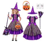 Witch Costume for Girls Witch Costume Children with Lights Halloween Costume Children with Witch Hat, Bag and Witch Broom Child Witch Fancy Dress Girls Halloween Carnival Party Clothing