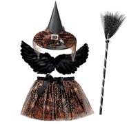 Witch Costume for Kids, 3PCS Halloween TuTu Skirt Suit Costumes Set with Witch Hat and Broom Magic Fancy Dress Cosplay Outfit Accessories for Halloween Carnival Party Dress up Cosplay (Orange)