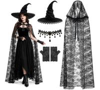 Witch Costume for Women, 4 Pcs Gothic Witch Accessories Set with Lace Pointed Hat Veil Cape Gloves and Choker, Adult Halloween Outfit for Cosplay Party Masquerade Multicolor