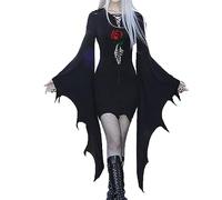 Witch Costume for Women UK, Halloween Jumper Adult Skeleton Costume Butterfly Sleeve Gothic Punk Dress Black Dress Fancy Dresses Long Maxi for Halloween Irish Cosplay