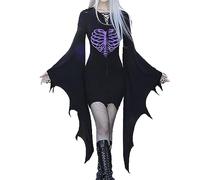 Witch Costume for Women UK, Halloween Jumper Adult Skeleton Costume Butterfly Sleeve Gothic Punk Dress Black Dress Fancy Dresses Long Maxi for Halloween Irish Cosplay