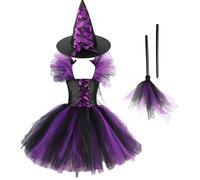 Witch Costume - Halloween Tutu Dress, Magic Witch Outfit, Soft Comfortable Fabric, Includes Witch Hat and Broom for Girls, Party Party Dress, Costume for