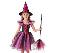 Witch Costume Kids Girl Witches Dress Princess Outfit Scary Purple Hat Brooms Party Cosplay Carnival Fancy Dress (Rose Red, 120 (5-6 years))