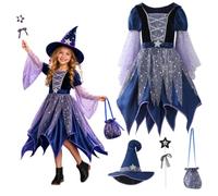 Witch Costume Kids Girls, 4Pcs Halloween Dress Set with Hat Bag Wand | Complete Fancy Dress Outfit for Carnival Party and Role Play, Cosplay Wizard Costume for Trick or Treat and Dress Up Events