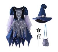 Witch Costume Kids Girls Witch Halloween Costumes with Wizard Hat 4 PCS Set