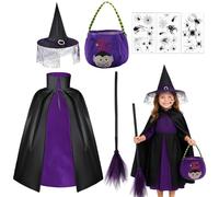Witch Costume Kids, Halloween Costumes for Kids, 7 PCS Witch Costume with Hat, Cape, bag, Broomstick and Stickers, Girls Witch Costume for Halloween Children Masquerade Party Cosplay Costumes